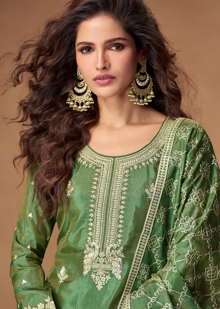 Buy Now Green Premium Shimmer Silk Palazzo Style Suit Suit Online in US, UK, Canada, Germany, Italy, France, Austria, Denmark, Australia & Worldwide at Empress.