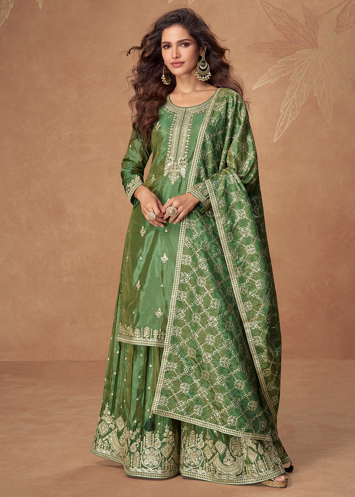 Buy Now Green Premium Shimmer Silk Palazzo Style Suit Suit Online in US, UK, Canada, Germany, Italy, France, Austria, Denmark, Australia & Worldwide at Empress.