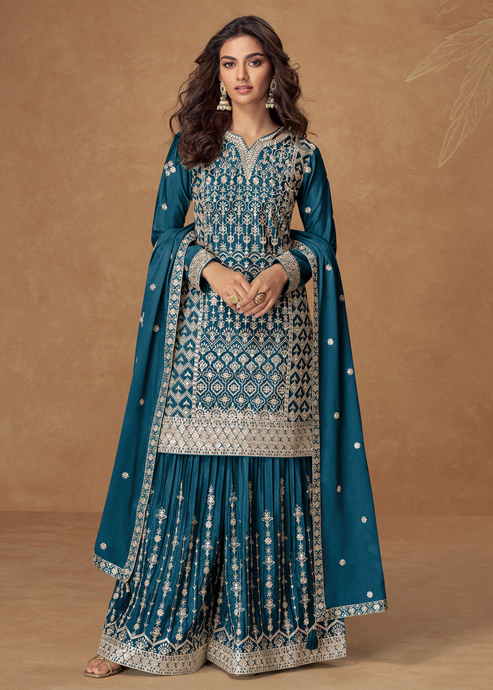 Buy Now Peacock Blue Chinnon Silk Embroidered Palazzo Suit Suit Online in US, UK, Canada, Germany, Italy, France, Austria, UAE & Worldwide at Empress Clothing.
