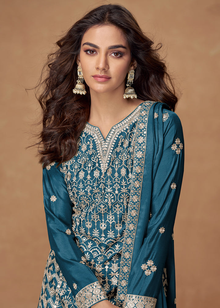 Buy Now Peacock Blue Chinnon Silk Embroidered Palazzo Suit Suit Online in US, UK, Canada, Germany, Italy, France, Austria, UAE & Worldwide at Empress Clothing.