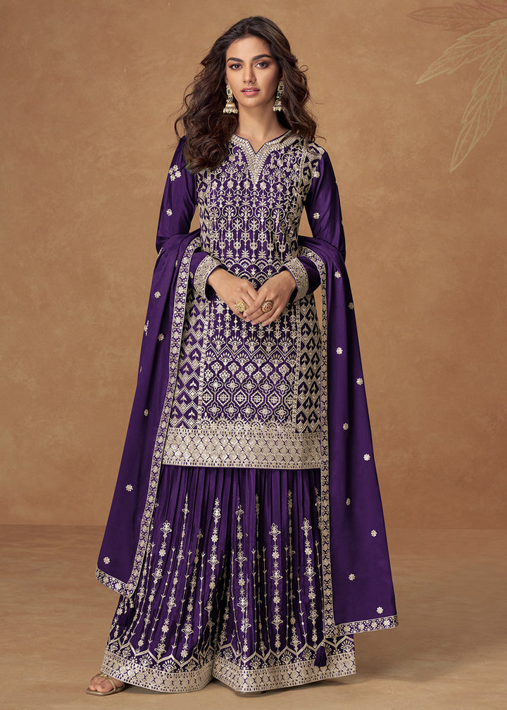 Buy Now Violet Purple Chinnon Silk Embroidered Palazzo Suit Suit Online in US, UK, Canada, Germany, Italy, France, Austria, UAE & Worldwide at Empress Clothing.