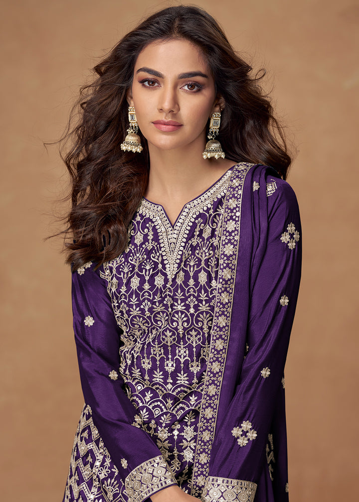 Buy Now Violet Purple Chinnon Silk Embroidered Palazzo Suit Suit Online in US, UK, Canada, Germany, Italy, France, Austria, UAE & Worldwide at Empress Clothing.