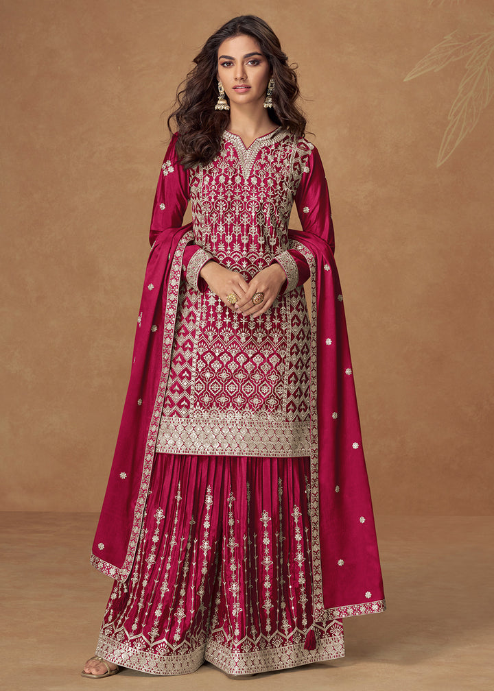 Buy Now Raspberry Pink Chinnon Silk Embroidered Palazzo Suit Suit Online in US, UK, Canada, Germany, Italy, France, Austria, UAE & Worldwide at Empress Clothing.