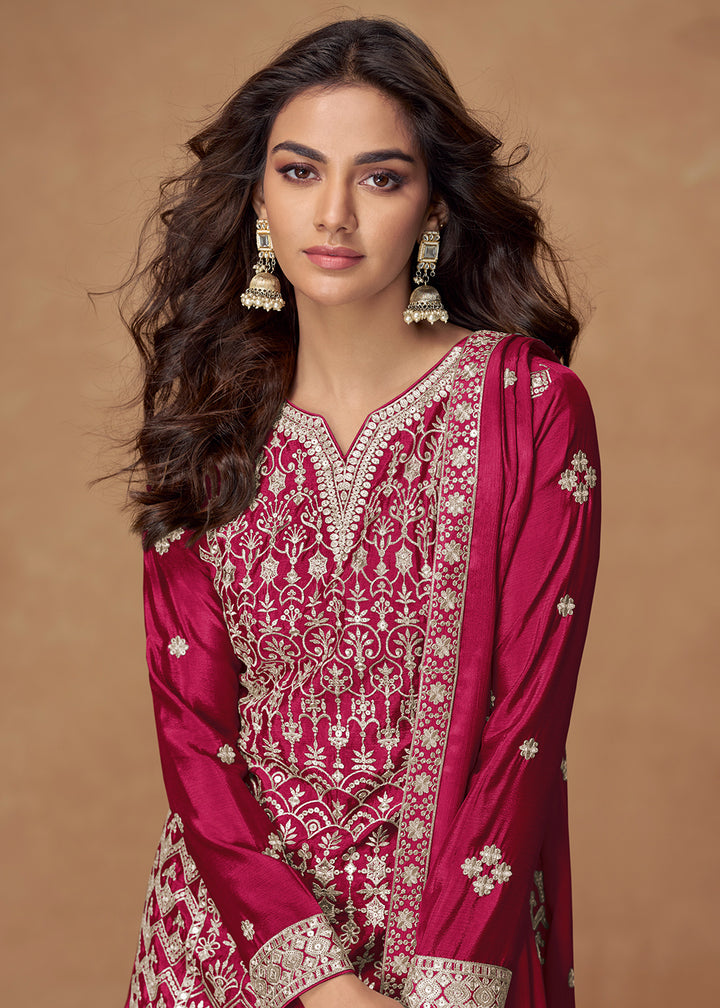 Buy Now Raspberry Pink Chinnon Silk Embroidered Palazzo Suit Suit Online in US, UK, Canada, Germany, Italy, France, Austria, UAE & Worldwide at Empress Clothing.