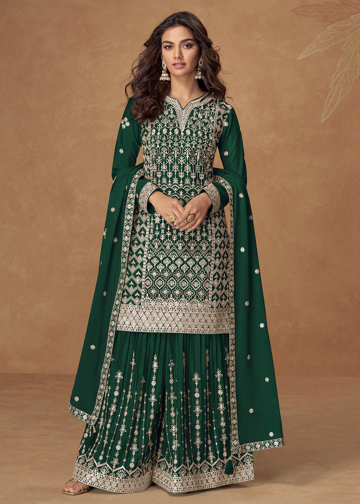 Buy Now Bottle Green Chinnon Silk Embroidered Palazzo Suit Suit Online in US, UK, Canada, Germany, Italy, France, Austria, UAE & Worldwide at Empress Clothing.