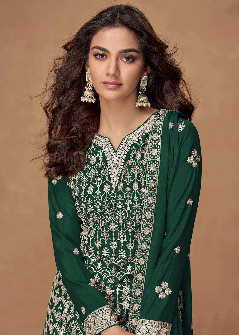 Buy Now Bottle Green Chinnon Silk Embroidered Palazzo Suit Suit Online in US, UK, Canada, Germany, Italy, France, Austria, UAE & Worldwide at Empress Clothing.