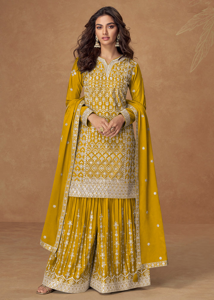 Buy Now Mustard Yellow Chinnon Silk Embroidered Palazzo Suit Suit Online in US, UK, Canada, Germany, Italy, France, Austria, UAE & Worldwide at Empress Clothing.