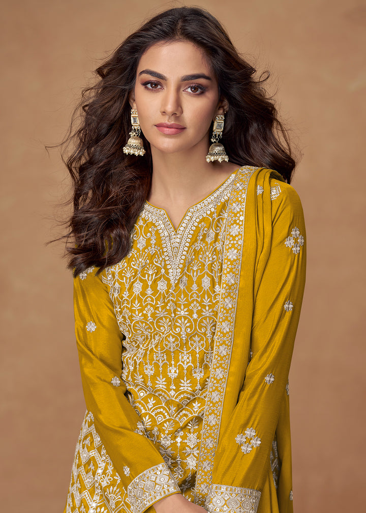 Buy Now Mustard Yellow Chinnon Silk Embroidered Palazzo Suit Suit Online in US, UK, Canada, Germany, Italy, France, Austria, UAE & Worldwide at Empress Clothing.