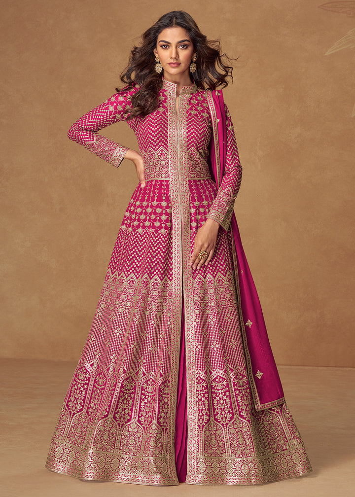 Buy Now Pink Front & Back Embroidered Slit Skirt Anarkali Suit Online in US, UK, Germany, France, Italy, Canada, Australia, UAE & Worldwide at Empress Clothing.