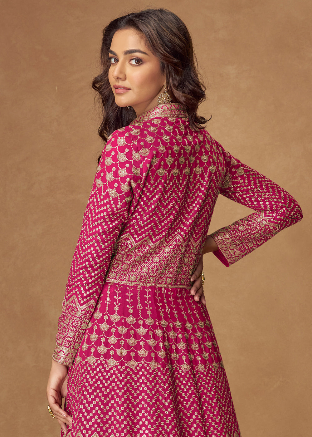 Buy Now Pink Front & Back Embroidered Slit Skirt Anarkali Suit Online in US, UK, Germany, France, Italy, Canada, Australia, UAE & Worldwide at Empress Clothing.