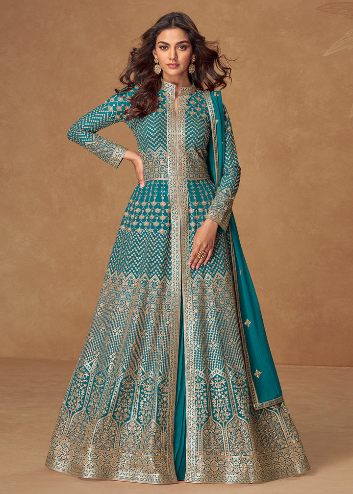 Buy Now Turquoise Front & Back Embroidered Slit Skirt Anarkali Suit Online in US, UK, Germany, France, Italy, Canada, Australia & Worldwide at Empress Clothing.