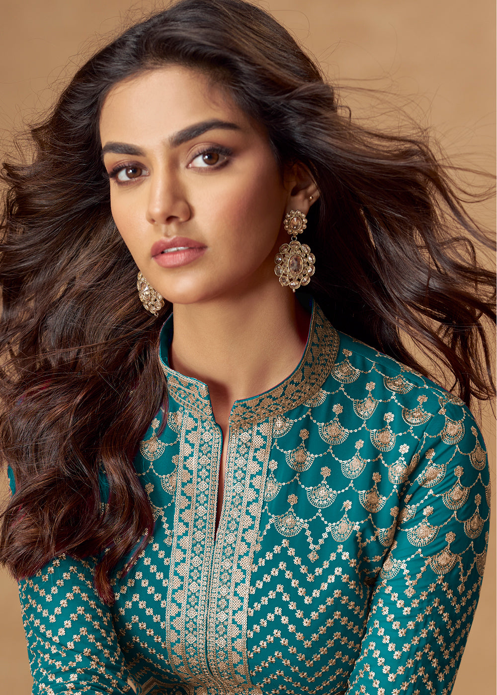 Buy Now Turquoise Front & Back Embroidered Slit Skirt Anarkali Suit Online in US, UK, Germany, France, Italy, Canada, Australia & Worldwide at Empress Clothing.