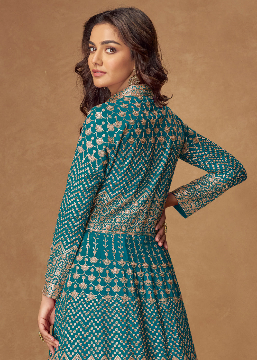 Buy Now Turquoise Front & Back Embroidered Slit Skirt Anarkali Suit Online in US, UK, Germany, France, Italy, Canada, Australia & Worldwide at Empress Clothing.