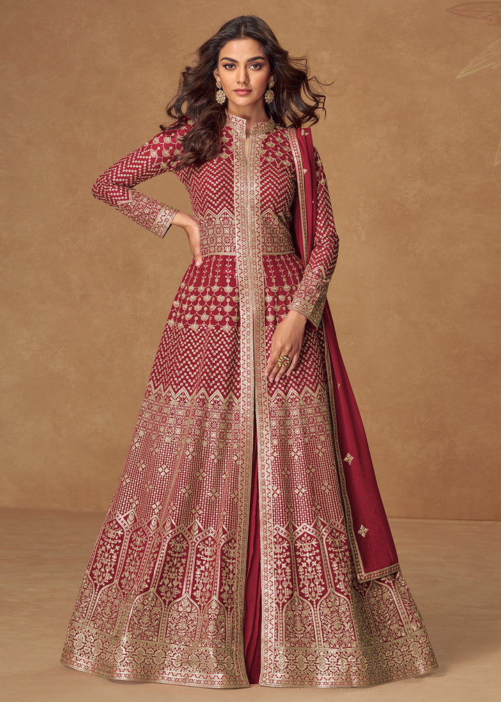 Buy Now Red Front & Back Embroidered Slit Skirt Anarkali Suit Online in US, UK, Germany, France, Italy, Canada, Australia, UAE & Worldwide at Empress Clothing.