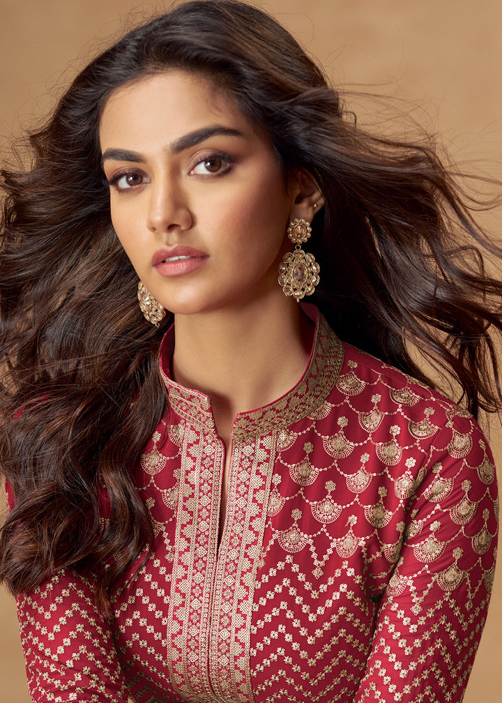 Buy Now Red Front & Back Embroidered Slit Skirt Anarkali Suit Online in US, UK, Germany, France, Italy, Canada, Australia, UAE & Worldwide at Empress Clothing.