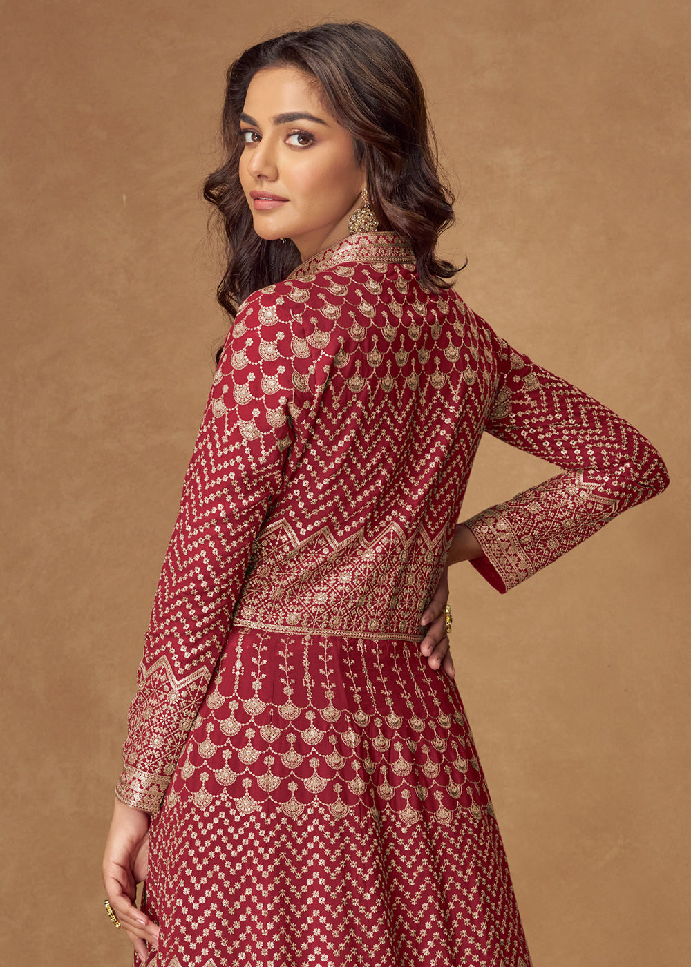 Buy Now Red Front & Back Embroidered Slit Skirt Anarkali Suit Online in US, UK, Germany, France, Italy, Canada, Australia, UAE & Worldwide at Empress Clothing.