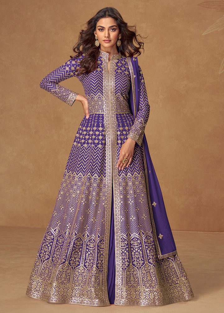 Buy Now Purple Front & Back Embroidered Slit Skirt Anarkali Suit Online in US, UK, Germany, France, Italy, Canada, Australia & Worldwide at Empress Clothing.