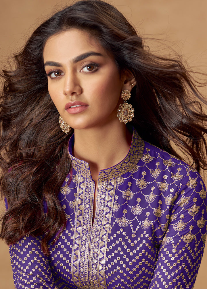 Buy Now Purple Front & Back Embroidered Slit Skirt Anarkali Suit Online in US, UK, Germany, France, Italy, Canada, Australia & Worldwide at Empress Clothing.