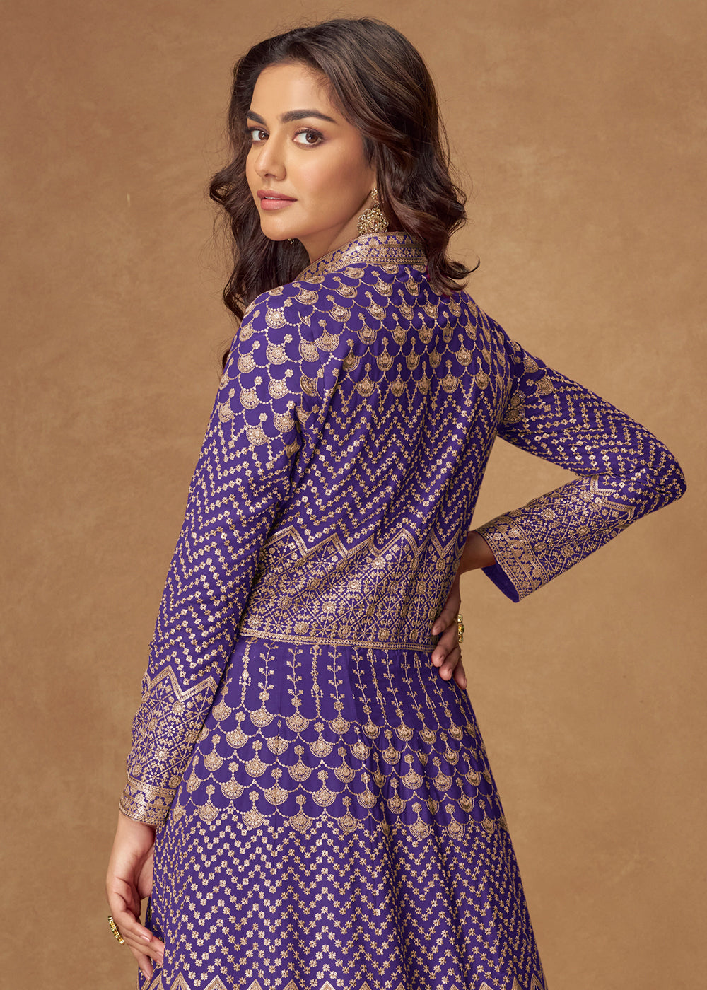 Buy Now Purple Front & Back Embroidered Slit Skirt Anarkali Suit Online in US, UK, Germany, France, Italy, Canada, Australia & Worldwide at Empress Clothing.