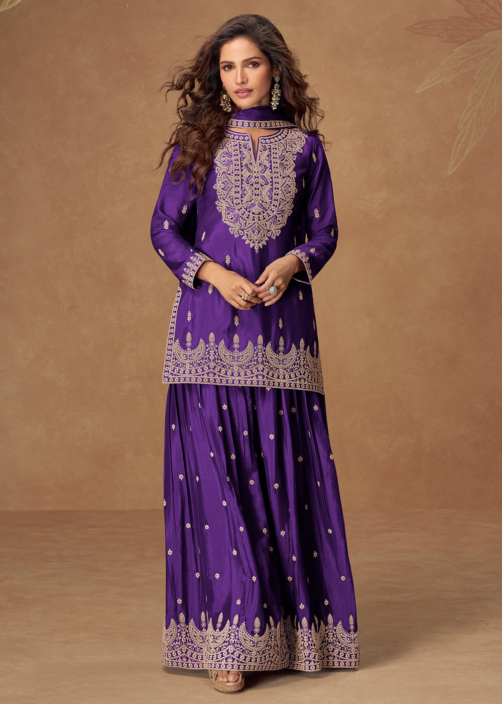 Buy Now Magnificent Purple Chinnon Festive Palazzo Suit Online in Newark, Los Angeles, Toronto, Paris, Dubai, Orlando, Dortmund, New York & Worldwide at Empress