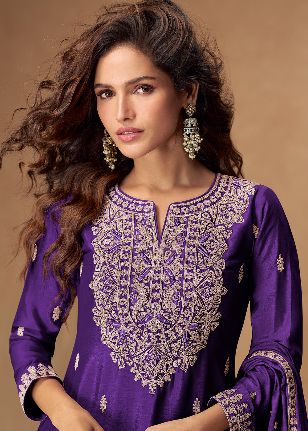 Buy Now Magnificent Purple Chinnon Festive Palazzo Suit Online in Newark, Los Angeles, Toronto, Paris, Dubai, Orlando, Dortmund, New York & Worldwide at Empress