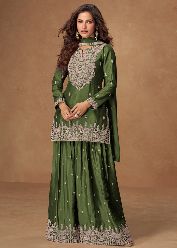 Buy Now Magnificent Green Chinnon Festive Palazzo Suit Online in Newark, Los Angeles, Toronto, Paris, Dubai, Orlando, Dortmund, New York & Worldwide at Empress