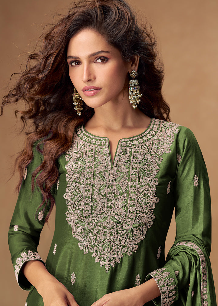 Buy Now Magnificent Green Chinnon Festive Palazzo Suit Online in Newark, Los Angeles, Toronto, Paris, Dubai, Orlando, Dortmund, New York & Worldwide at Empress