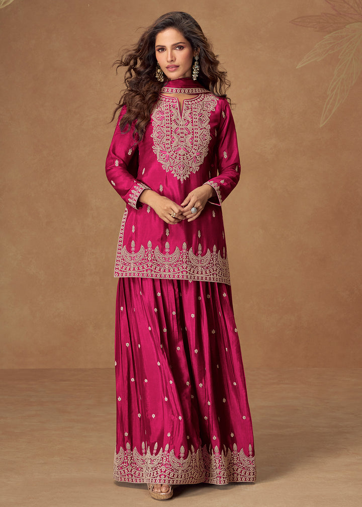 Buy Now Magnificent Pink Chinnon Festive Palazzo Suit Online in Newark, Los Angeles, Toronto, Paris, Dubai, Orlando, Dortmund, New York & Worldwide at Empress.