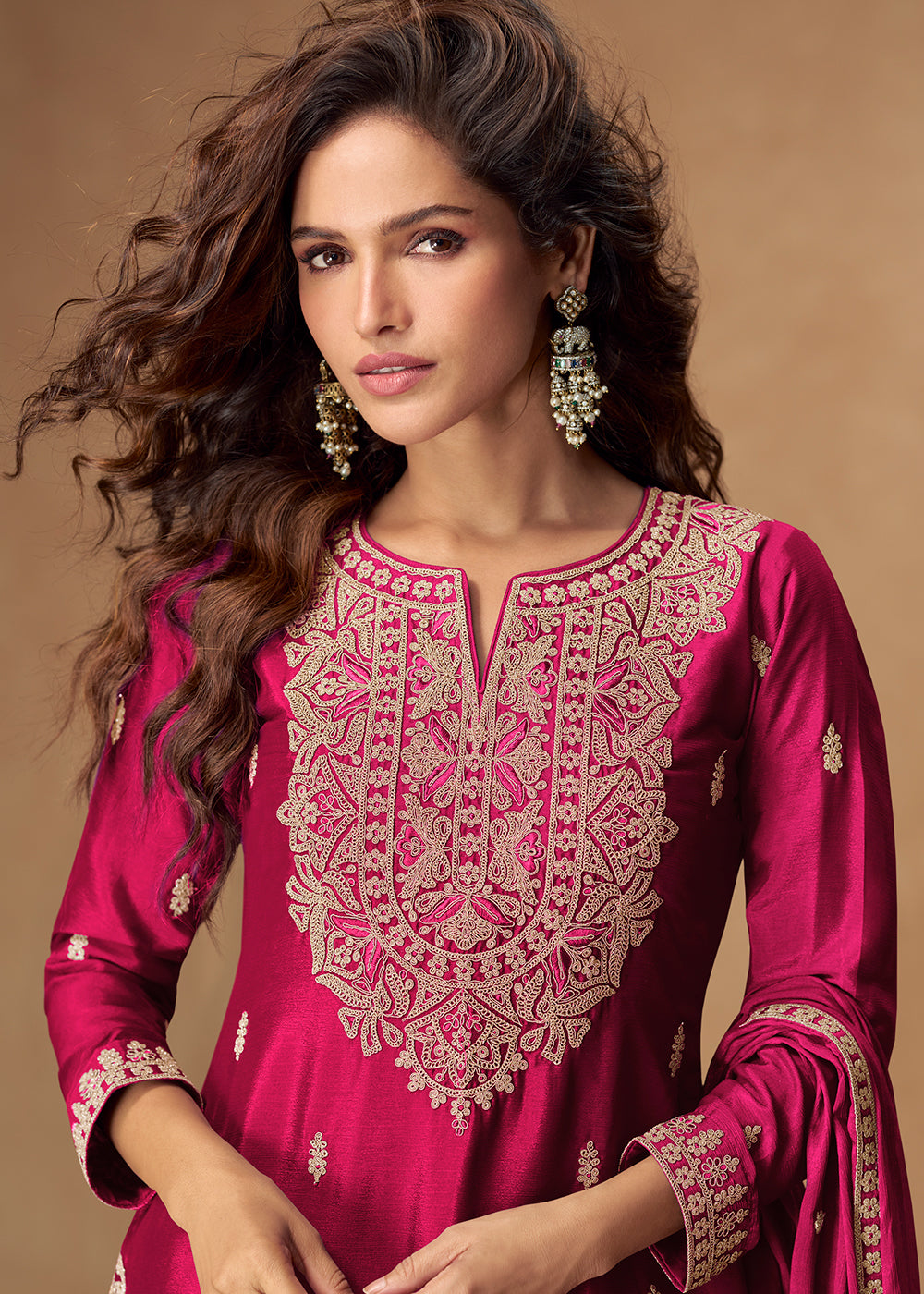 Buy Now Magnificent Pink Chinnon Festive Palazzo Suit Online in Newark, Los Angeles, Toronto, Paris, Dubai, Orlando, Dortmund, New York & Worldwide at Empress.