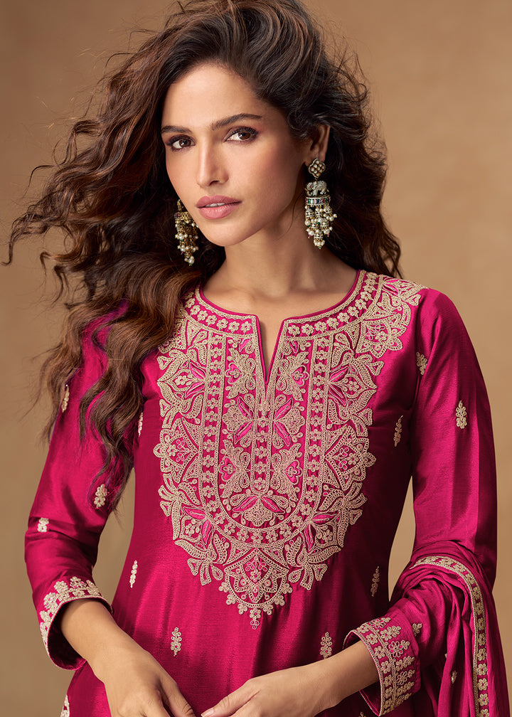 Buy Now Magnificent Pink Chinnon Festive Palazzo Suit Online in Newark, Los Angeles, Toronto, Paris, Dubai, Orlando, Dortmund, New York & Worldwide at Empress.