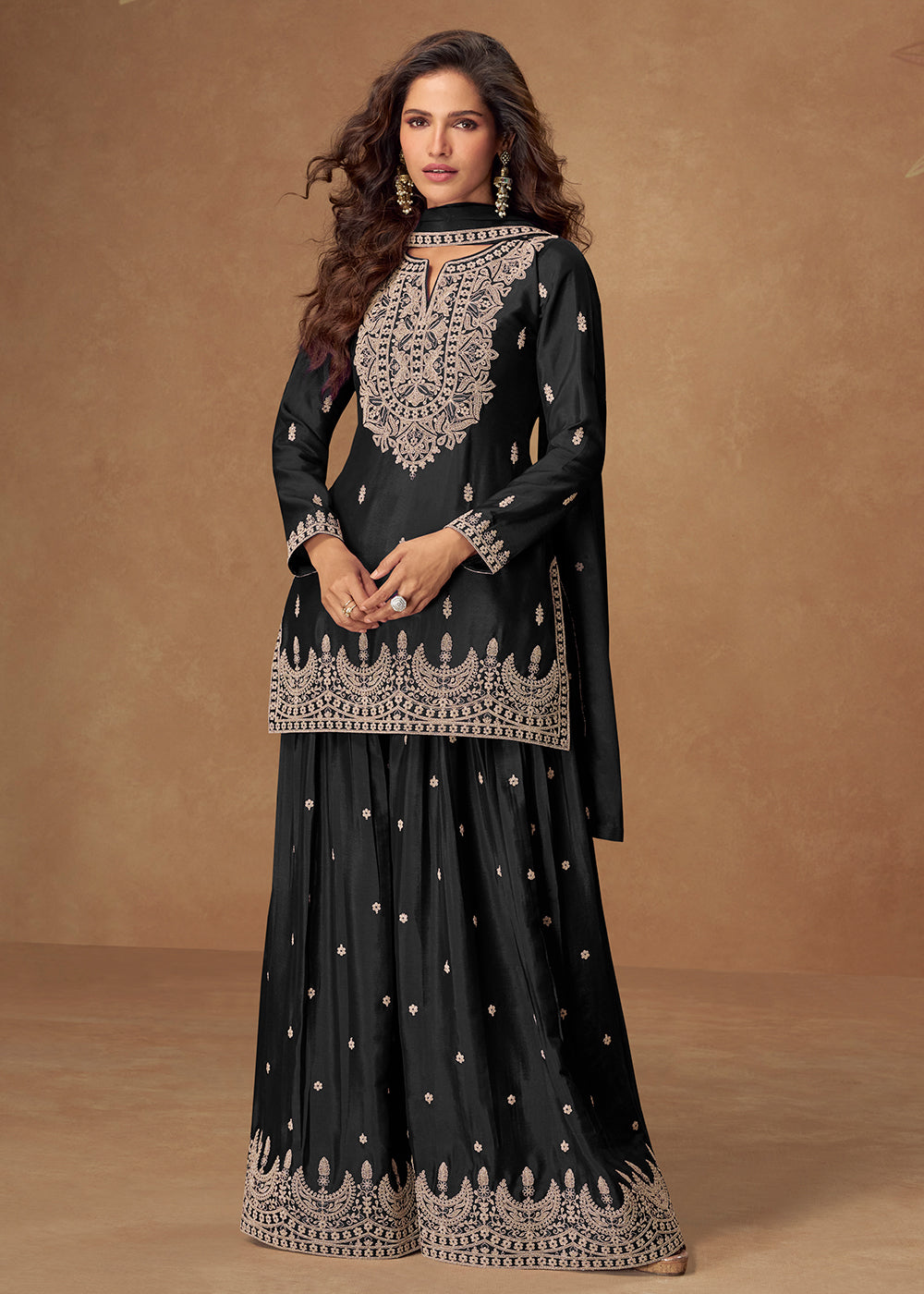 Buy Now Magnificent Black Chinnon Festive Palazzo Suit Online in Newark, Los Angeles, Toronto, Paris, Dubai, Orlando, Dortmund, New York & Worldwide at Empress.
