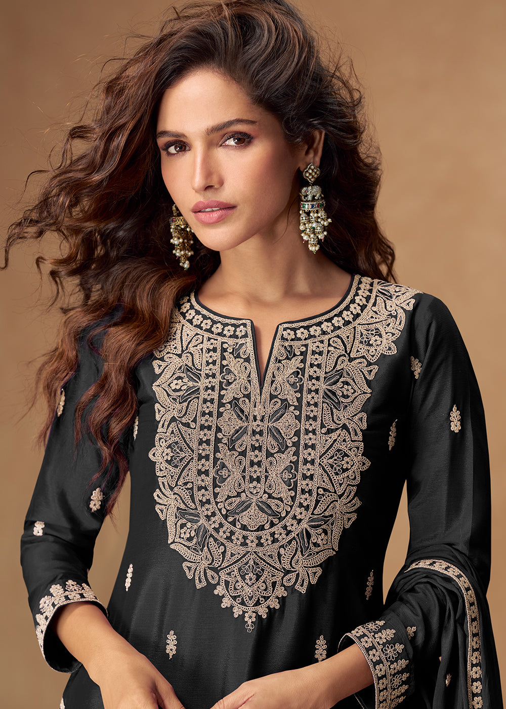 Buy Now Magnificent Black Chinnon Festive Palazzo Suit Online in Newark, Los Angeles, Toronto, Paris, Dubai, Orlando, Dortmund, New York & Worldwide at Empress.