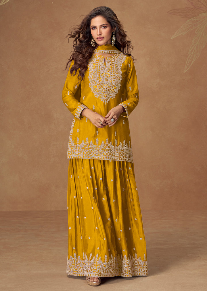 Buy Now Magnificent Mustard Chinnon Festive Palazzo Suit Online in Newark, Los Angeles, Toronto, Paris, Dubai, Orlando, Dortmund & Worldwide at Empress.