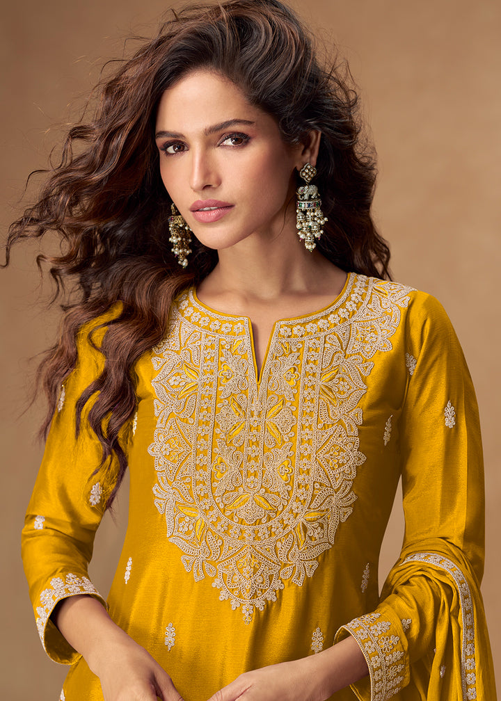 Buy Now Magnificent Mustard Chinnon Festive Palazzo Suit Online in Newark, Los Angeles, Toronto, Paris, Dubai, Orlando, Dortmund & Worldwide at Empress.
