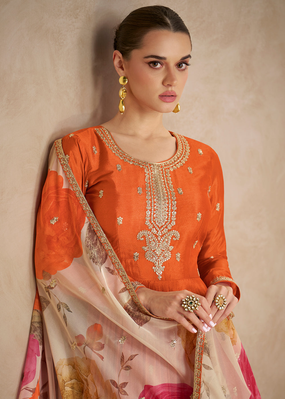 Buy Now Orange Resham Threads Embroidered Festive Anarkali Suit Online in US, UK, Germany, France, Italy, Canada, Australia, Singapore & Worldwide at Empress.