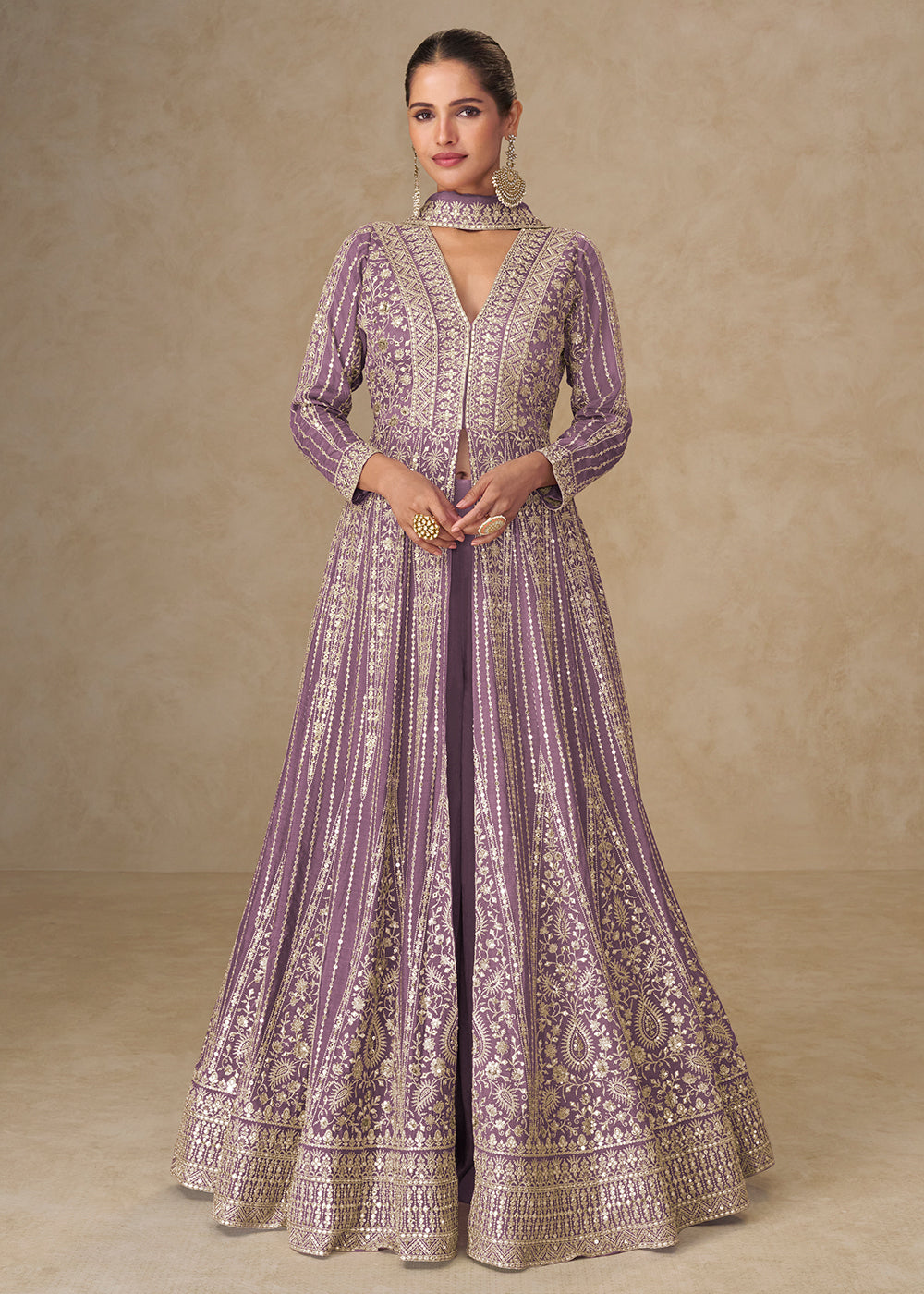 Buy Now Graceful Lavender All Over Embroidered Wedding Anarkali Gown Online in US, UK, Canada, France, Italy, Singapore, UAE, Australia & Worldwide at Empress.