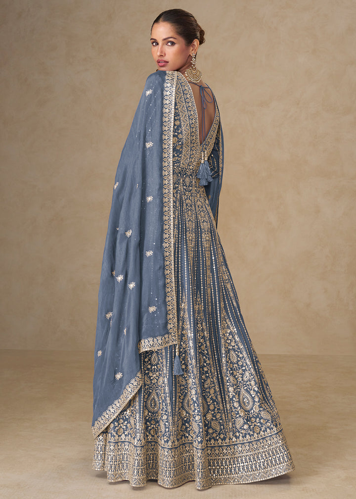 Buy Now Graceful Grey All Over Embroidered Wedding Anarkali Gown Online in US, UK, Canada, France, Italy, Singapore, UAE, Australia & Worldwide at Empress.