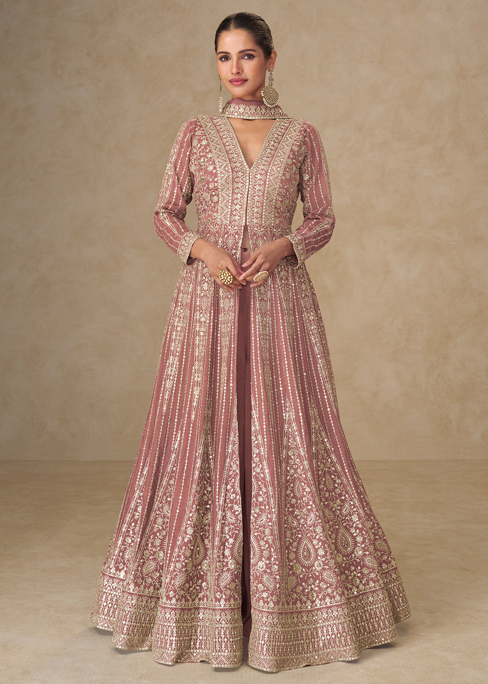 Buy Now Graceful Peach All Over Embroidered Wedding Anarkali Gown Online in US, UK, Canada, France, Italy, Singapore, UAE, Australia & Worldwide at Empress.