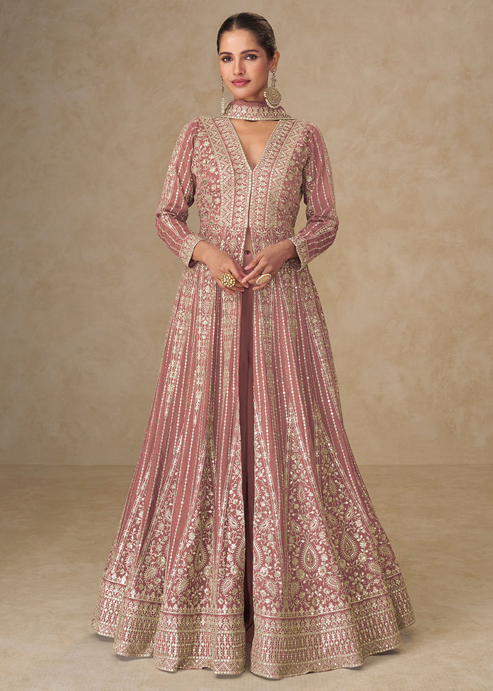 Buy Now Graceful Peach All Over Embroidered Wedding Anarkali Gown Online in US, UK, Canada, France, Italy, Singapore, UAE, Australia & Worldwide at Empress.