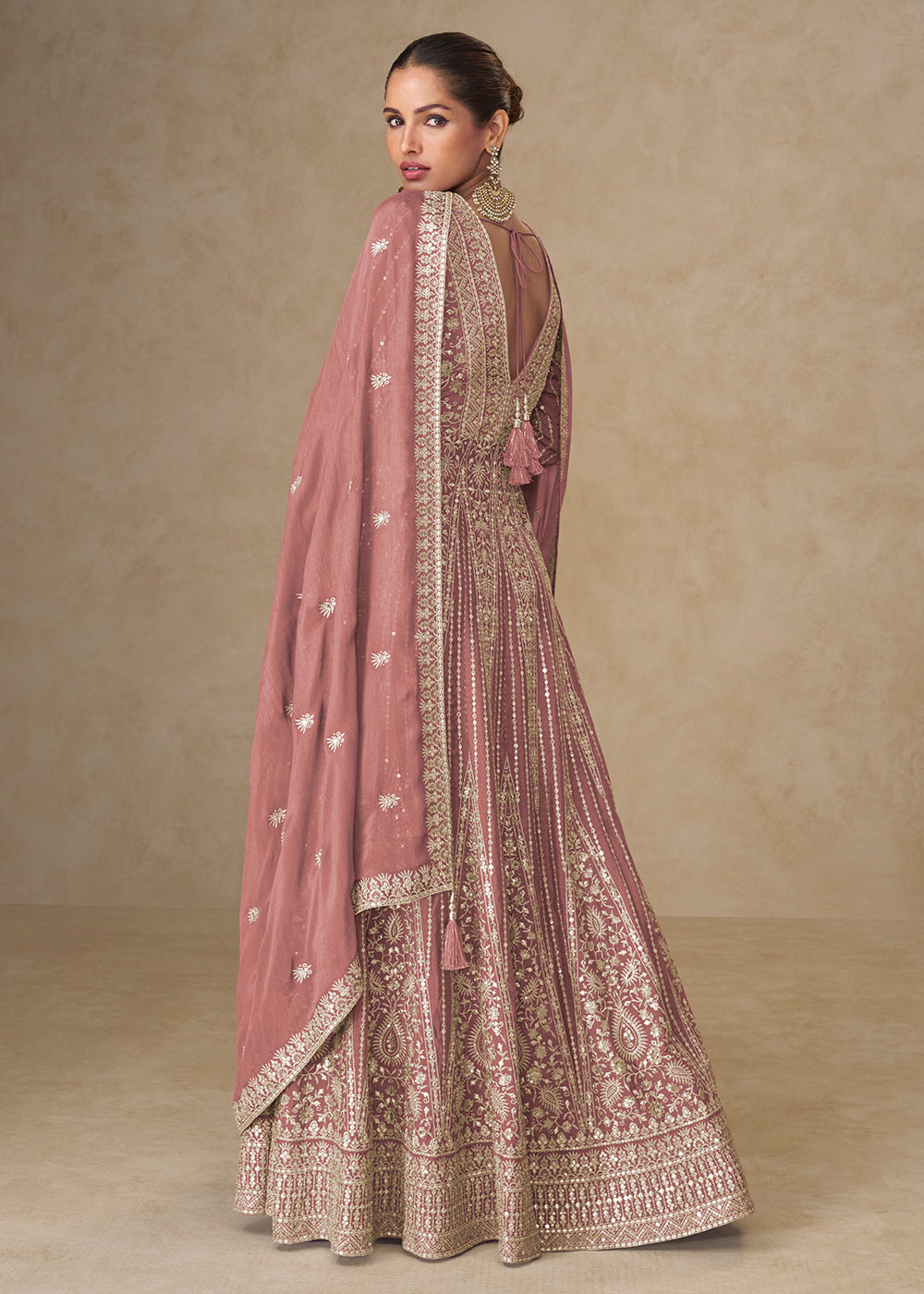 Buy Now Graceful Peach All Over Embroidered Wedding Anarkali Gown Online in US, UK, Canada, France, Italy, Singapore, UAE, Australia & Worldwide at Empress.