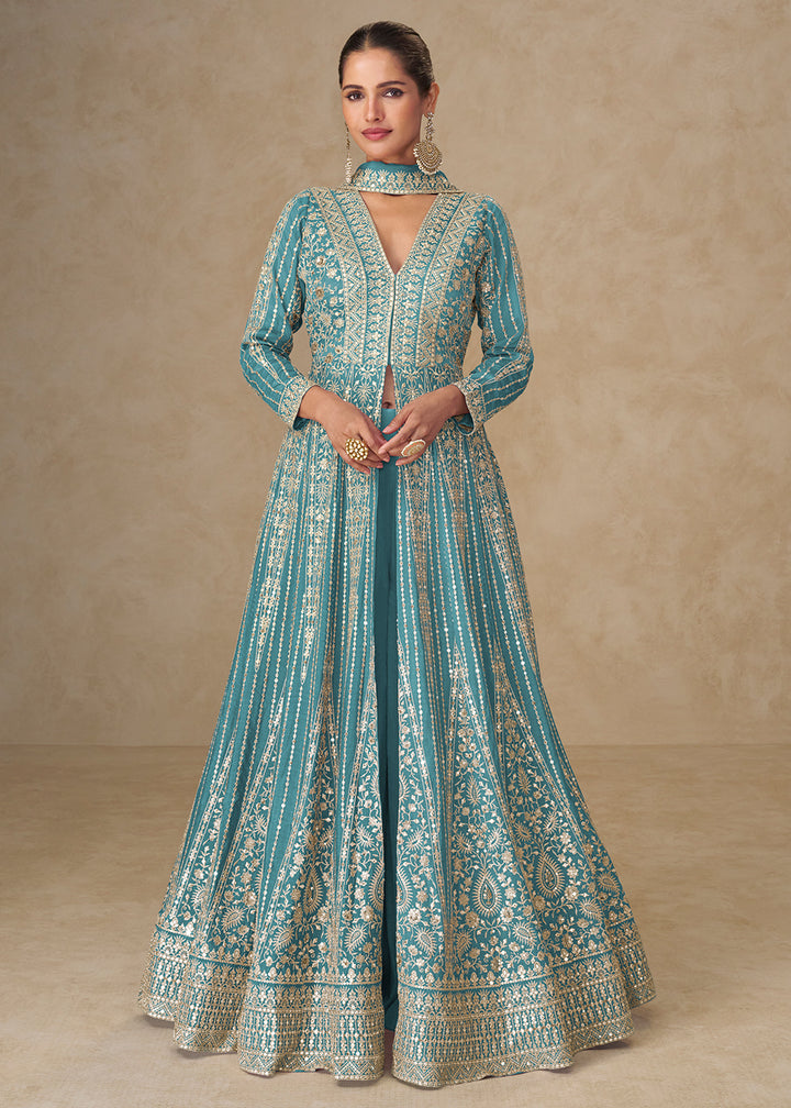 Buy Now Graceful Blue All Over Embroidered Wedding Anarkali Gown Online in US, UK, Canada, France, Italy, Singapore, UAE, Australia & Worldwide at Empress.
