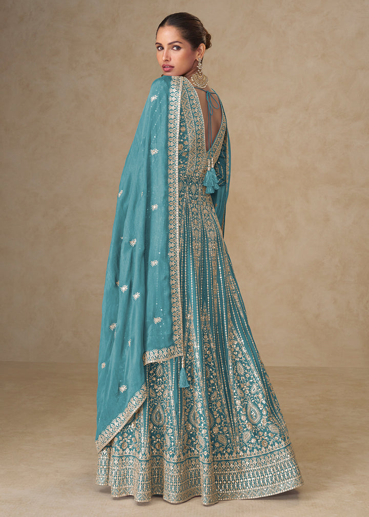 Buy Now Graceful Blue All Over Embroidered Wedding Anarkali Gown Online in US, UK, Canada, France, Italy, Singapore, UAE, Australia & Worldwide at Empress.