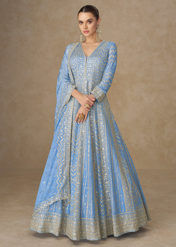 Buy Now Premium Blue Chinnon Silk Wedding Anarkali Suit Online in USA, UK, Sweden, Denmark, Greece, Germany, Canada, Belgium, UAE & Worldwide at Empress.