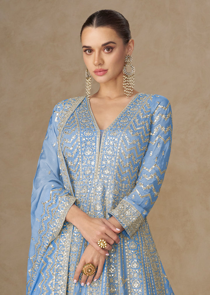 Buy Now Premium Blue Chinnon Silk Wedding Anarkali Suit Online in USA, UK, Sweden, Denmark, Greece, Germany, Canada, Belgium, UAE & Worldwide at Empress.