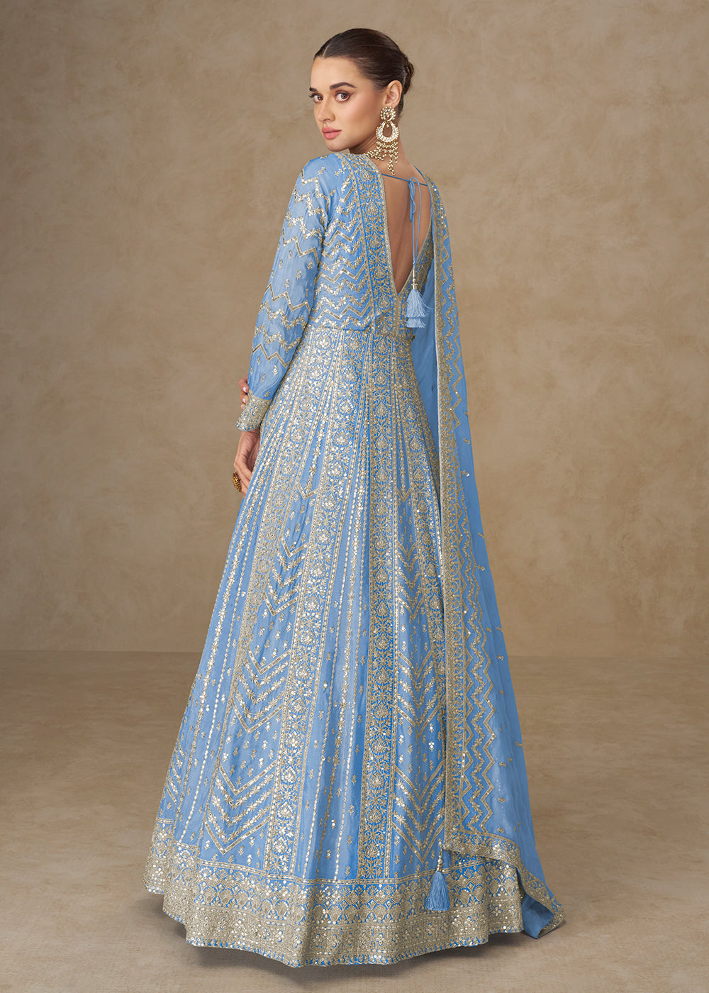 Buy Now Premium Blue Chinnon Silk Wedding Anarkali Suit Online in USA, UK, Sweden, Denmark, Greece, Germany, Canada, Belgium, UAE & Worldwide at Empress.