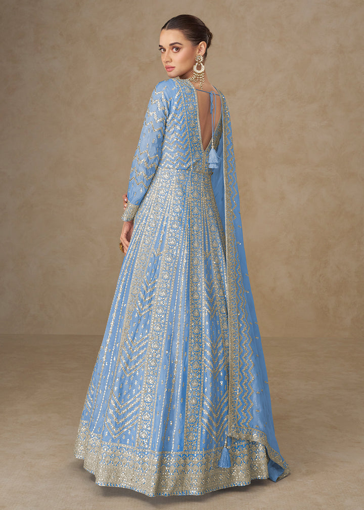 Buy Now Premium Blue Chinnon Silk Wedding Anarkali Suit Online in USA, UK, Sweden, Denmark, Greece, Germany, Canada, Belgium, UAE & Worldwide at Empress.
