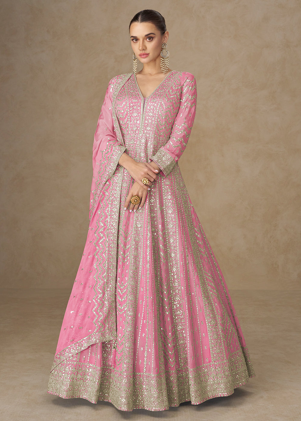 Buy Now Premium Pink Chinnon Silk Wedding Anarkali Suit Online in USA, UK, Sweden, Denmark, Greece, Germany, Canada, Belgium, UAE & Worldwide at Empress.