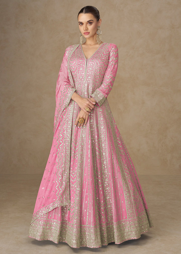 Buy Now Premium Pink Chinnon Silk Wedding Anarkali Suit Online in USA, UK, Sweden, Denmark, Greece, Germany, Canada, Belgium, UAE & Worldwide at Empress.