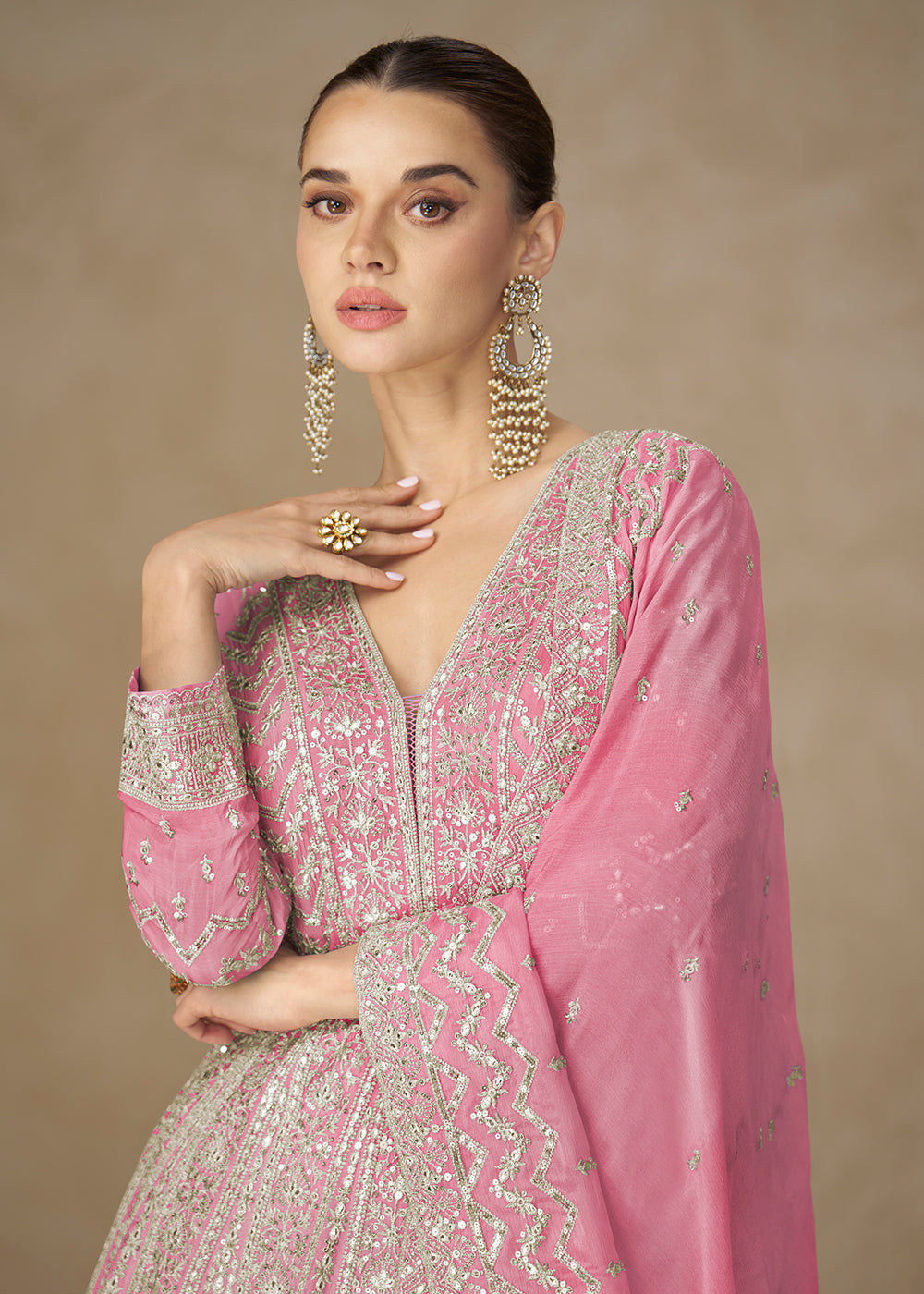 Buy Now Premium Pink Chinnon Silk Wedding Anarkali Suit Online in USA, UK, Sweden, Denmark, Greece, Germany, Canada, Belgium, UAE & Worldwide at Empress.