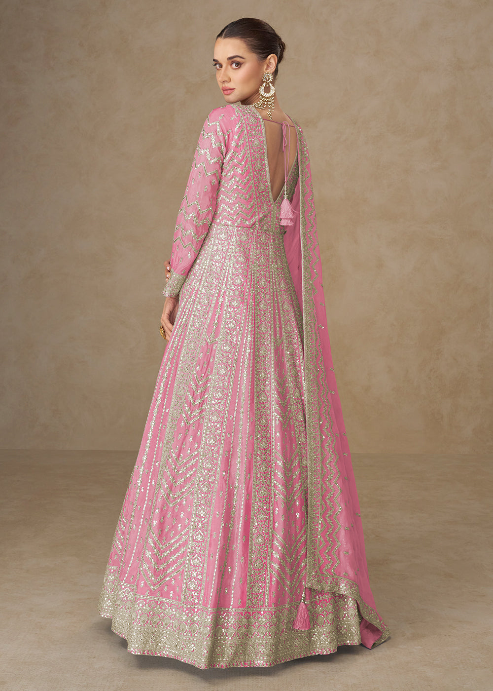 Buy Now Premium Pink Chinnon Silk Wedding Anarkali Suit Online in USA, UK, Sweden, Denmark, Greece, Germany, Canada, Belgium, UAE & Worldwide at Empress.